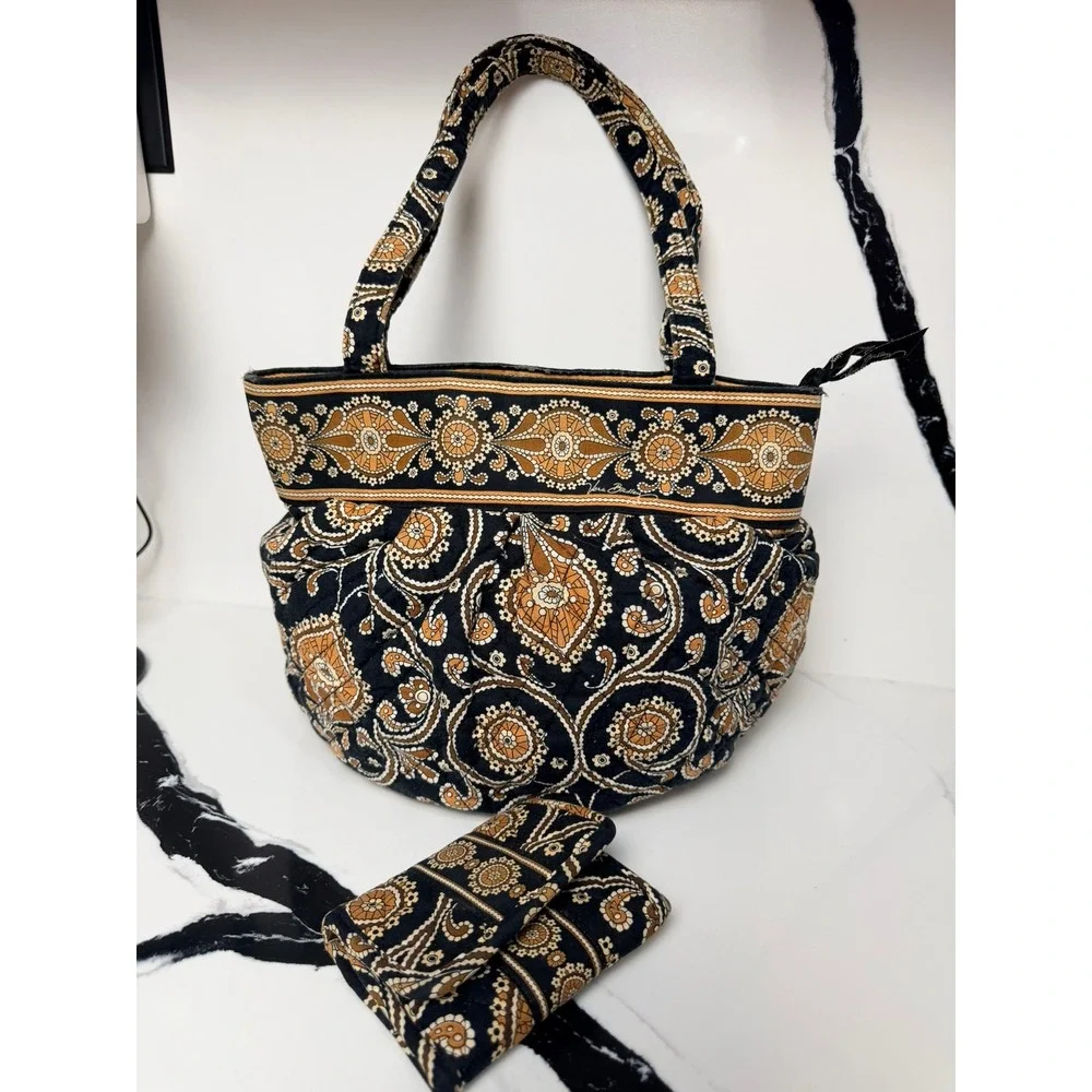 Vera Bradley Espresso Paisley Quilted Cotton Tote Bag and Trifold Wallet Set